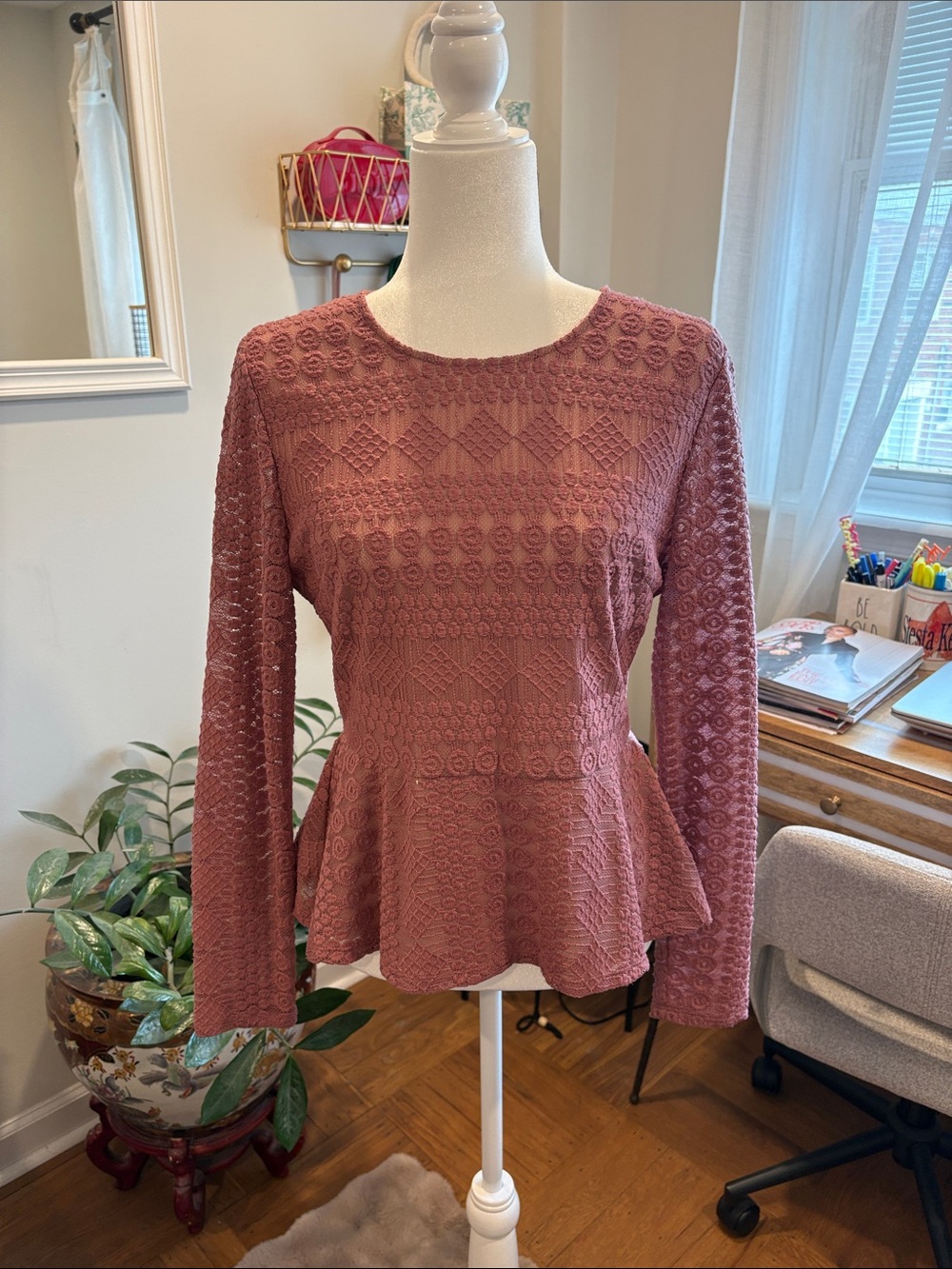 BCBGMaxAzria Dusty Rose Lace Peplum Long-Sleeve Top
